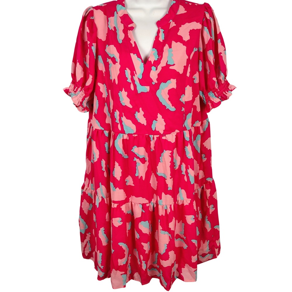 Womens L Tiered Babydoll Mini Dress Pink Blue Abstract Barbiecore Puff Sleeve